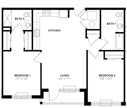 A black and white image of a floor plan for a two bedroom apartment.